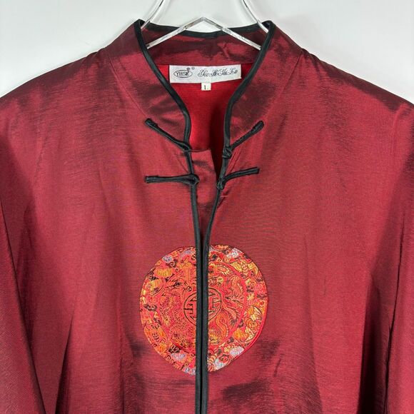 Asian red satin jacket L mandarin collar luxury boho light weight blazer style - Picture 13 of 14